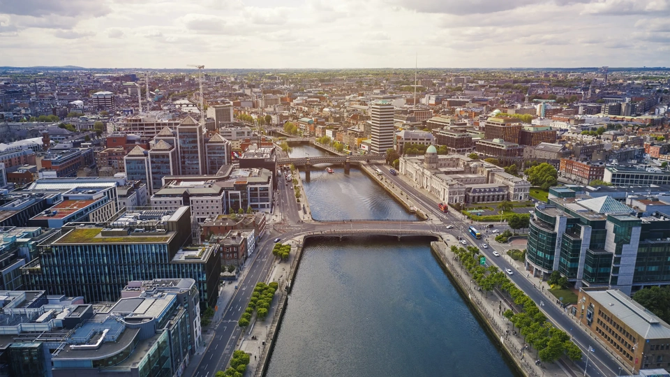 Arial view of ireland with river flowing between city