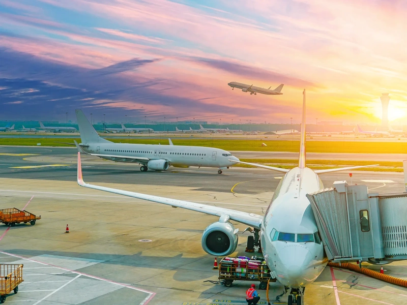 Flights management air control tower and passenger terminal in international airport with flying climb plane jet, taxiing, ready for departure gangway in clouds sky sunset dawn.
